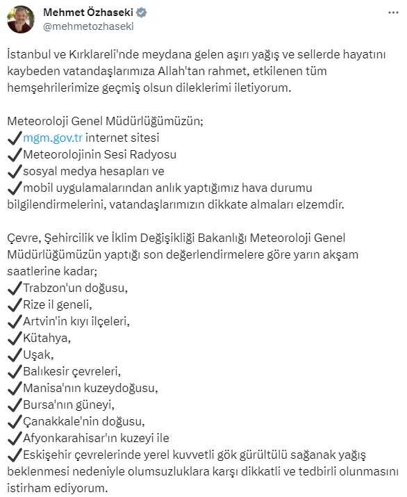 Bakan Özhaseki'den yağış uyarısı Bakan Özhaseki'den yağış uyarısı