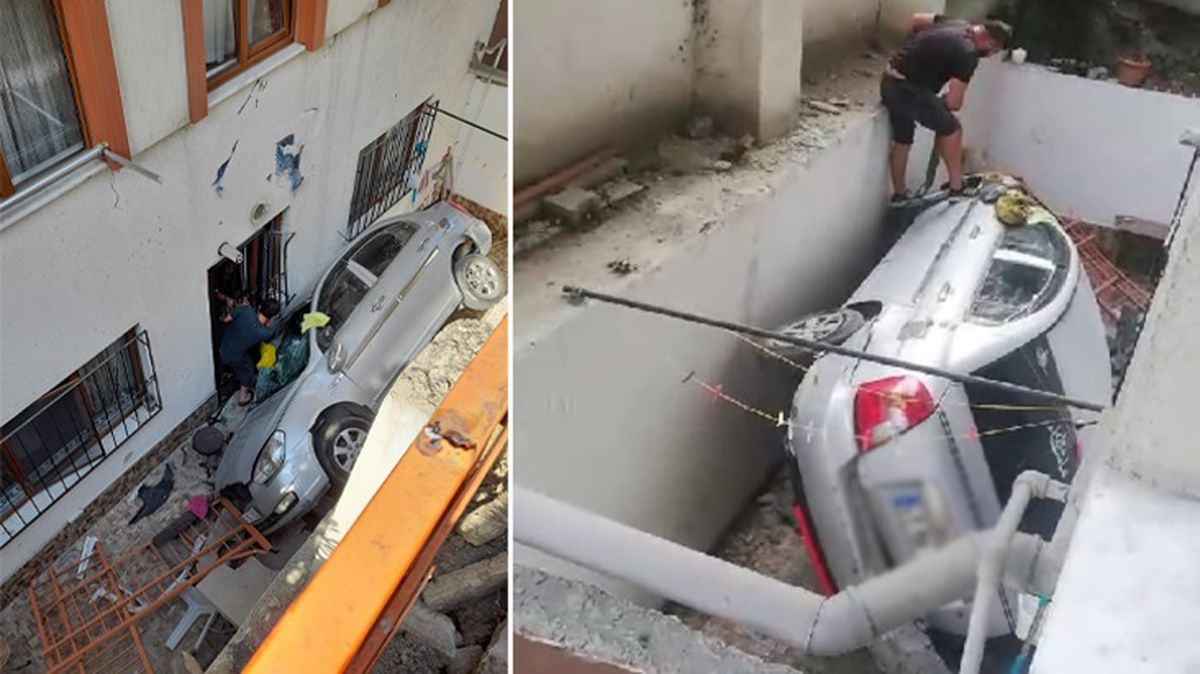 Çocukların içinde oynadığı otomobil 5 metre yükseklikten apartman boşluğuna düştü