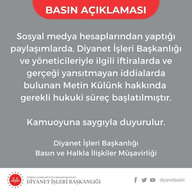 Diyanet İşleri Başkanlığı, Ali Erbaş hakkında iddialarda bulunan Metin Külünk hakkında suç duyurusunda bulundu Diyanet İşleri Başkanlığı, Ali Erbaş hakkında iddialarda bulunan Metin Külünk hakkında suç duyurusunda bulundu