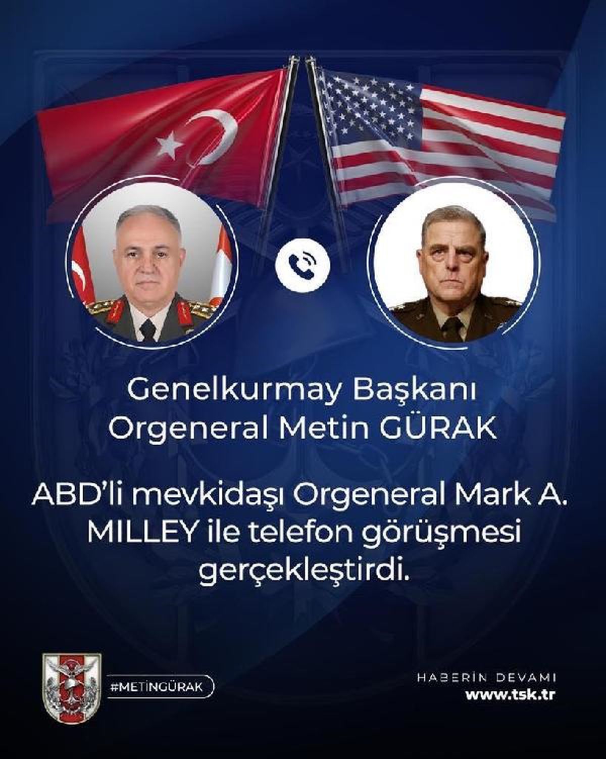 Genelkurmay Başkanı Gürak, ABD'li mevkidaşı Milley ile telefonda görüştü