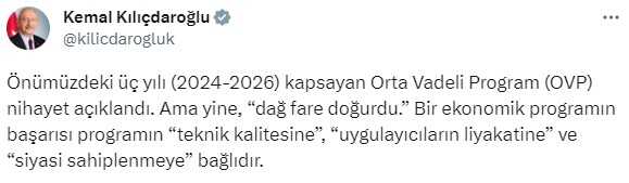 Kılıçdaroğlu'ndan Orta Vadeli Program için ilk sözler: Daha yüksek faiz ve vergi yükü yolda