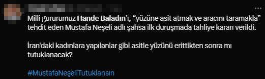 Tepkiler çığ gibi! Hande Baladın'ı tehdit eden kişinin tahliye edilmesine herkes aynı yorumu yapıyor Tepkiler çığ gibi! Hande Baladın'ı tehdit eden kişinin tahliye edilmesine herkes aynı yorumu yapıyor