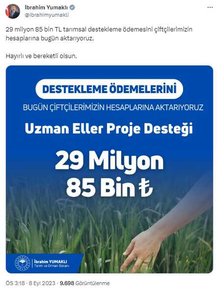 29 milyon liralık destek ödemesi bugün çiftçilerin hesabında olacak