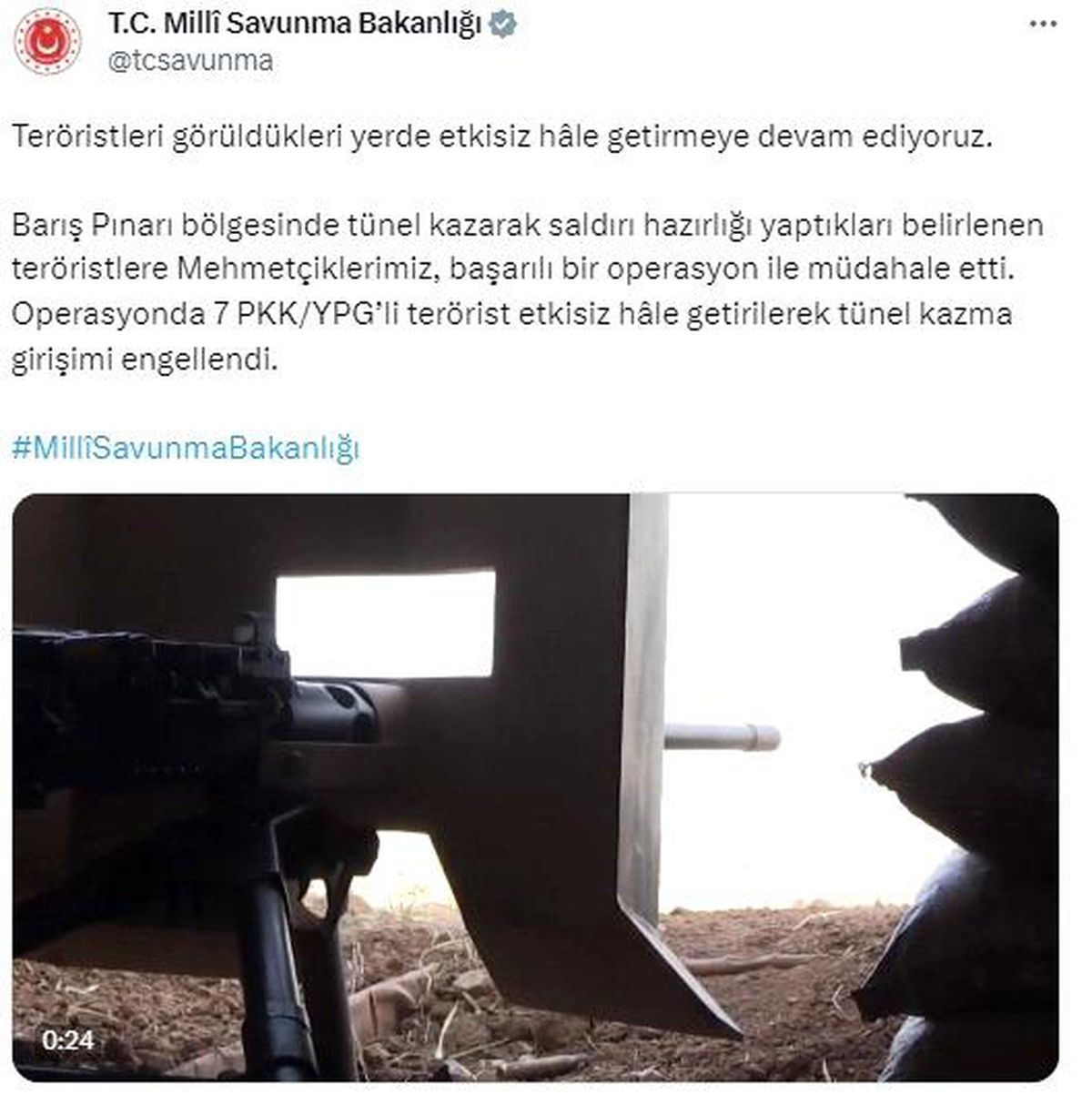 Barış Pınarı bölgesinde tünel kazma hazırlığı yapan 7 PKK'lı terörist etkisiz hale getirildi