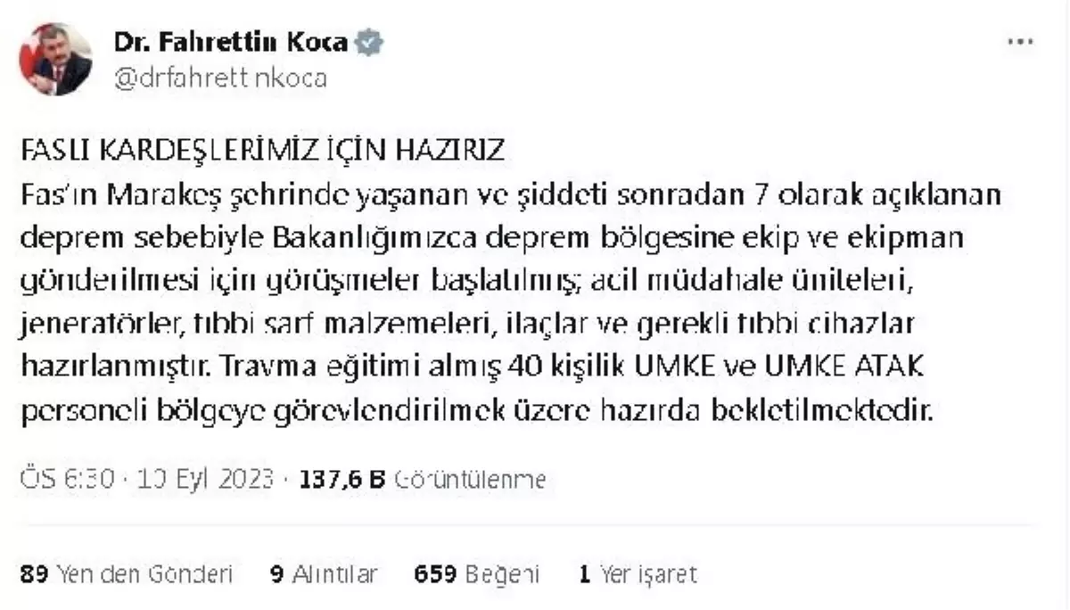 Sağlık Bakanı: Fas'taki deprem için UMKE ekipleri hazır