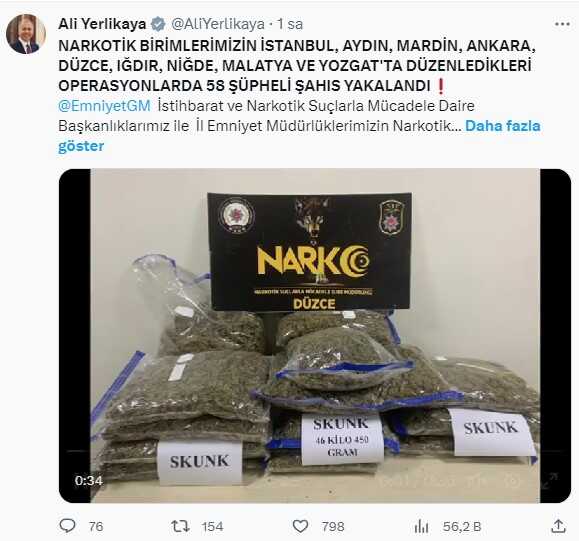 İçişleri Bakanı: Uyuşturucu Operasyonlarında 58 Şüpheli Yakalandı