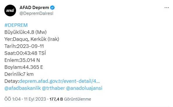 Irak'ın Kerkük kentinde 4,8 büyüklüğünde deprem meydana geldi