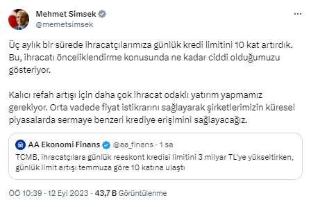 Bakan Şimşek'ten ihracatçılara finansman desteğinin artırılmasına ilk yorum: Ne kadar ciddi olduğumuzu gösteriyor