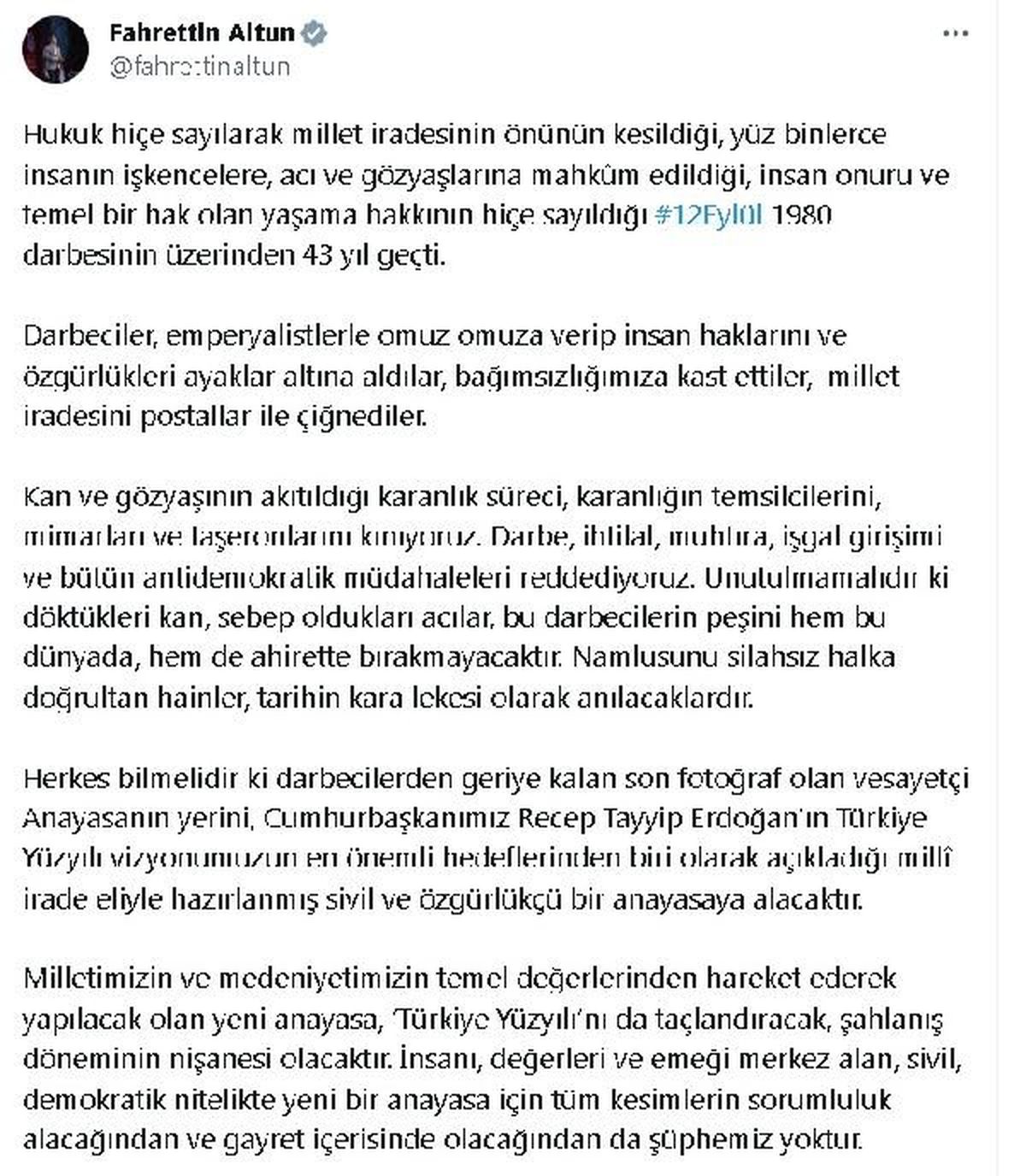 İletişim Başkanı Fahrettin Altun'dan 12 Eylül paylaşımı