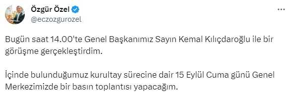 Kemal Kılıçdaroğlu ile görüşen Özgür Özel: Kurultay sürecine dair cuma günü basın toplantısı yapacağım Kemal Kılıçdaroğlu ile görüşen Özgür Özel: Kurultay sürecine dair cuma günü basın toplantısı yapacağım