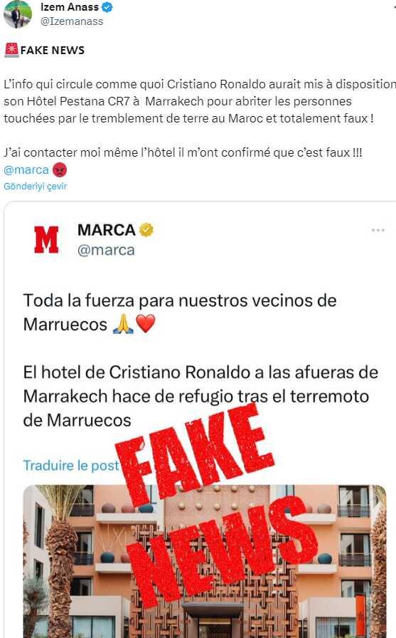 Ronaldo'nun depremin ardından Fas'taki otelini depremzedelere açtığı iddiası Ronaldo'nun depremin ardından Fas'taki otelini depremzedelere açtığı iddiası