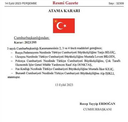 14 Eylül Resmi Gazete Büyükelçi atamaları yayınlandı mı? Büyükelçi atamaları Resmi Gazete kararı nedir? Resmi Gazete bugünün kararları neler?