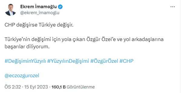 CHP'de genel başkanlık için adaylığını açıklayan Özgür Özel'e ilk destek İmamoğlu'ndan geldi