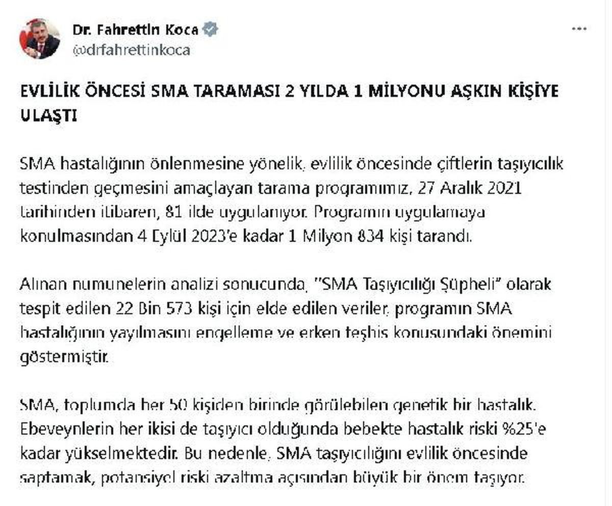 Sağlık Bakanı: Evlilik öncesi SMA taramasından 1 milyon 834 kişi yararlandı
