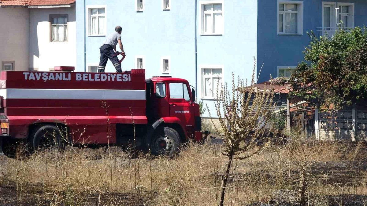 Tavşanlı'da ot yangını evlere ulaşmadan söndürüldü