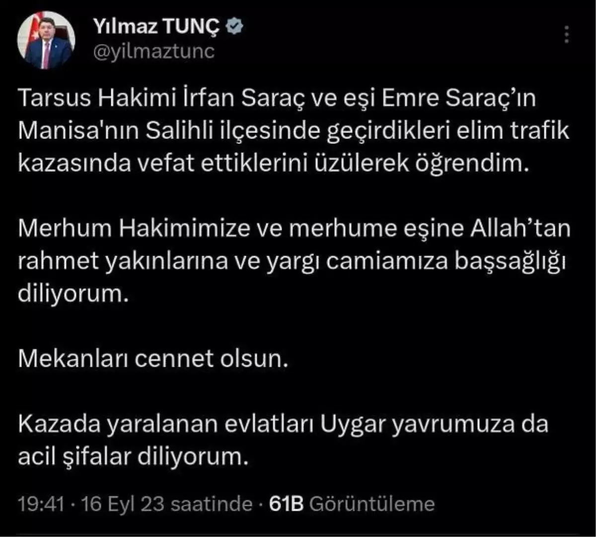 Hakim ve eşinin öldüğü trafik kazasında taziye mesajı