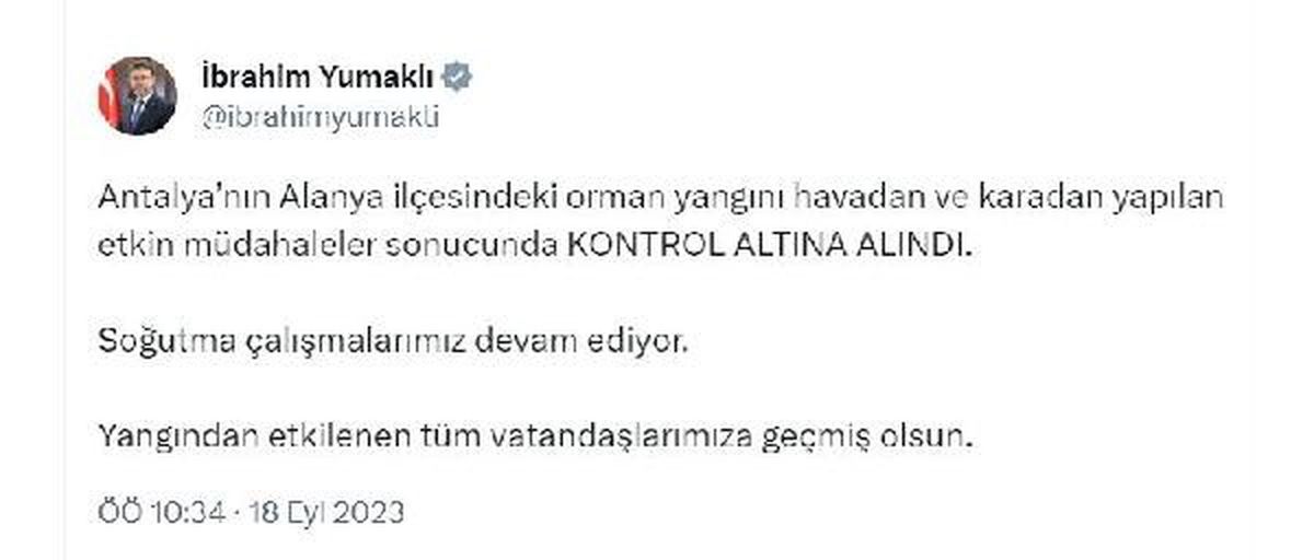 Antalya Alanya'daki Orman Yangını Kontrol Altına Alındı