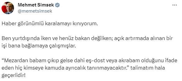 Hazine ve Maliye Bakanlığı, Şimşek'in arazi haberini yalanladı