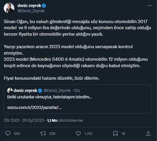 Sinan Oğan, '12 milyonluk araba' iddiasına ilişkin açıklama yaptı, Deniz Zeyrek özür diledi