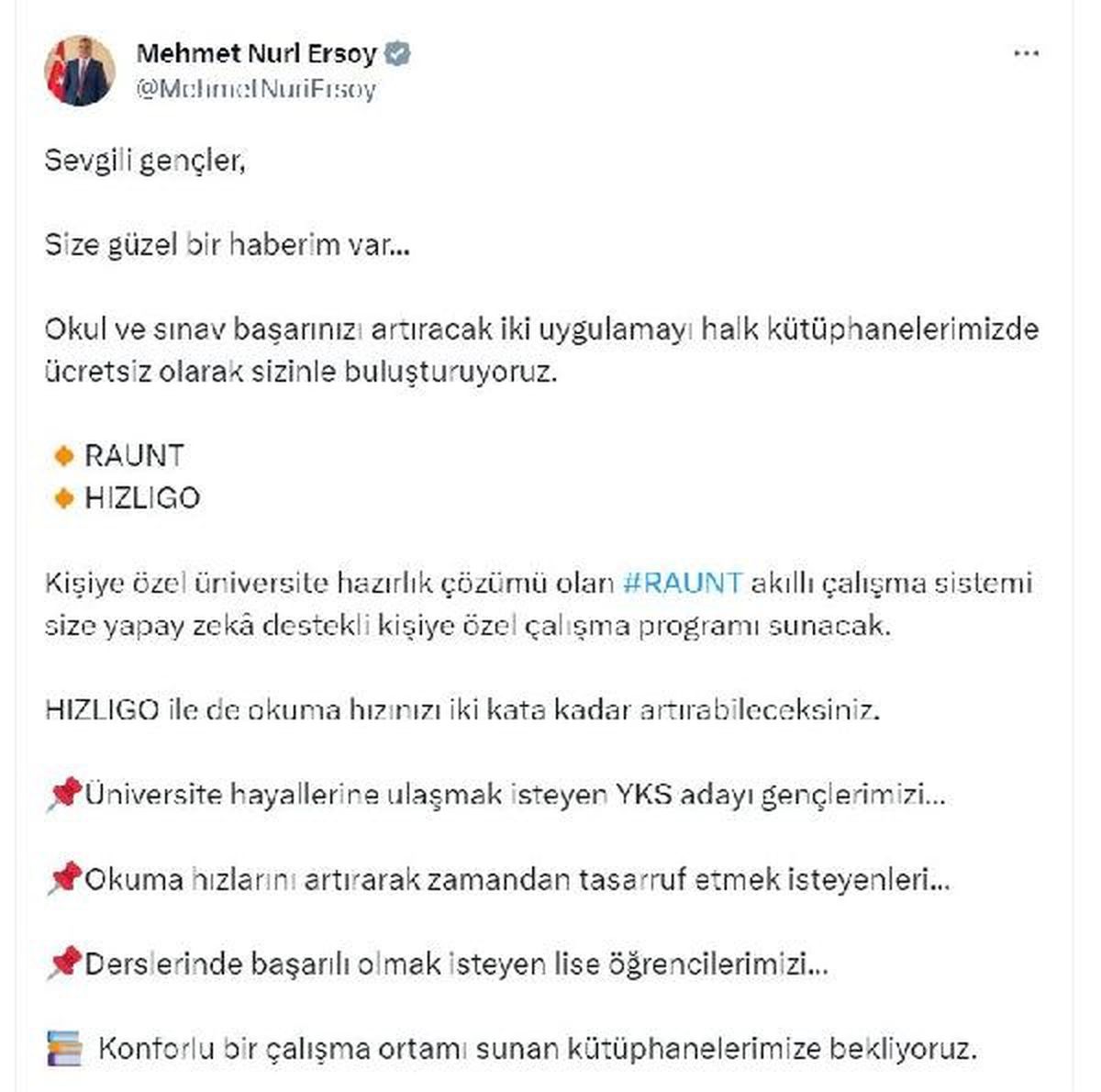 Kültür ve Turizm Bakanı Mehmet Nuri Ersoy, Ücretsiz Eğitim Uygulamalarını Duyurdu