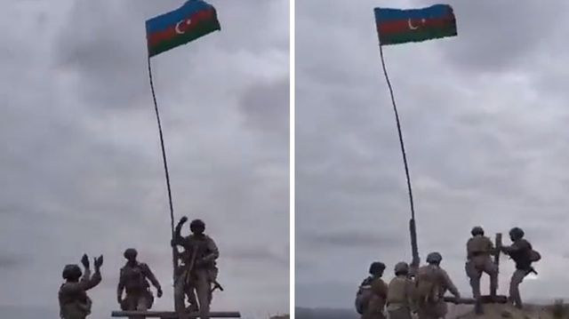 Karabağ'da, Ermeni silahlı gruplarından temizlenen tepelere Azerbaycan bayrağı asıldı Karabağ'da, Ermeni silahlı gruplarından temizlenen tepelere Azerbaycan bayrağı asıldı