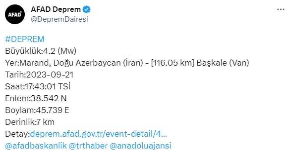 Son Dakika: Azerbaycan-İran-Van sınırında hissedilen 4.2 büyüklüğünde deprem meydana geldi Son Dakika: Azerbaycan-İran-Van sınırında hissedilen 4.2 büyüklüğünde deprem meydana geldi