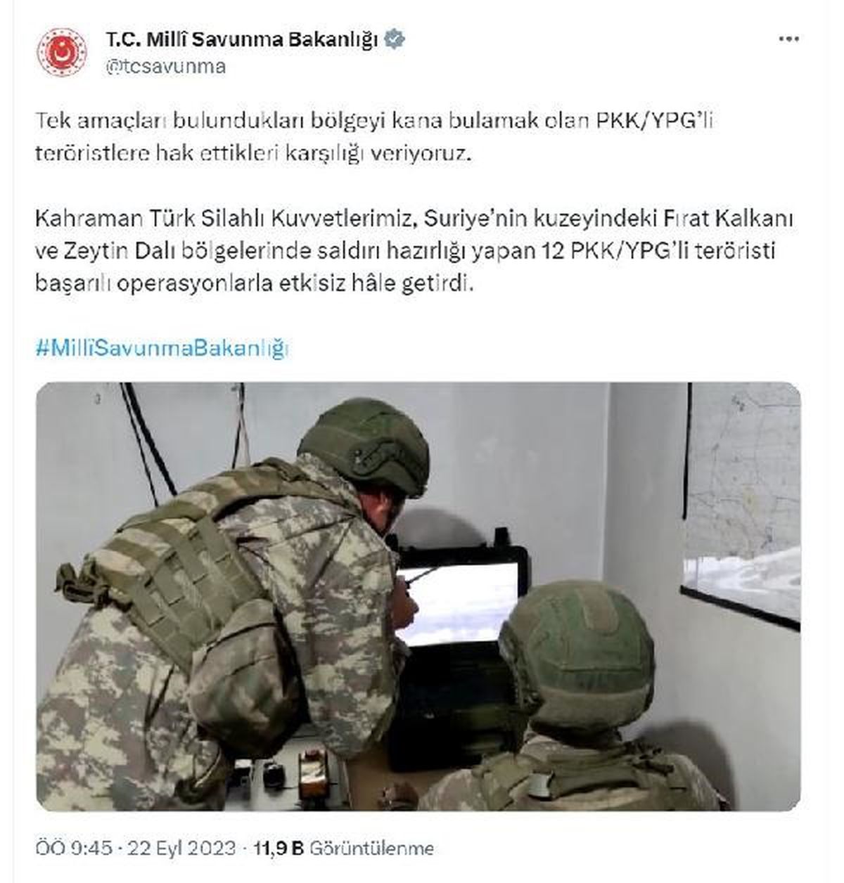 MSB: Fırat Kalkanı ve Zeytin Dalı bölgelerinde 12 PKK/YPG'li terörist etkisiz hale getirildi