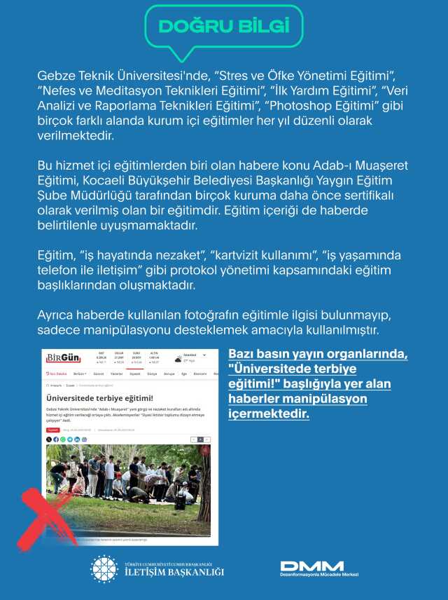Gebze Teknik Üniversitesi'nde terbiye eğitimi mi yapılıyor? İletişim Başkanlığı konuya açıklık getirdi Gebze Teknik Üniversitesi'nde terbiye eğitimi mi yapılıyor? İletişim Başkanlığı konuya açıklık getirdi