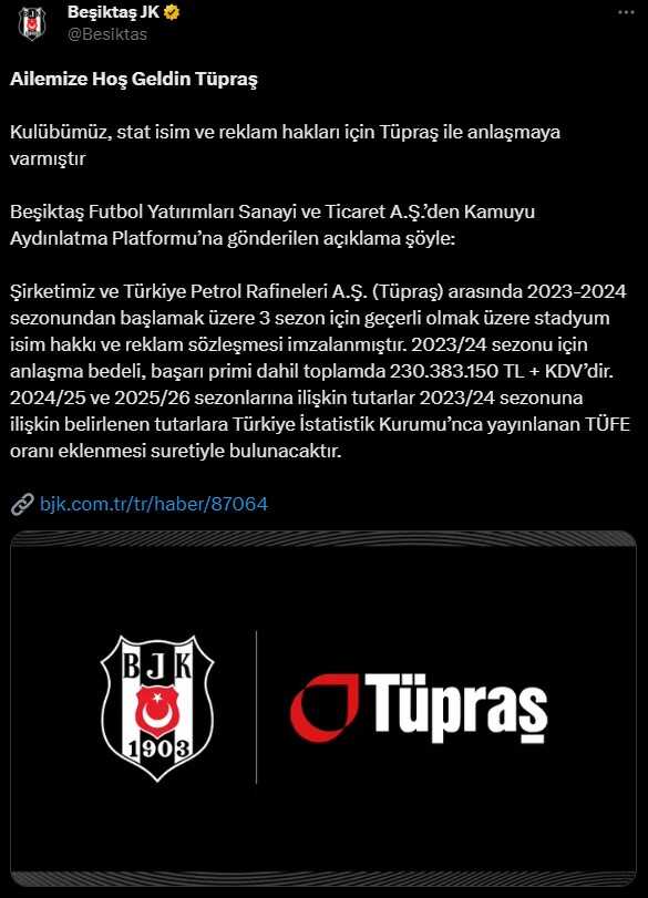 Son Dakika: Beşiktaş, stadyum isim sponsorluğu için Tüpraş ile anlaşmaya vardı