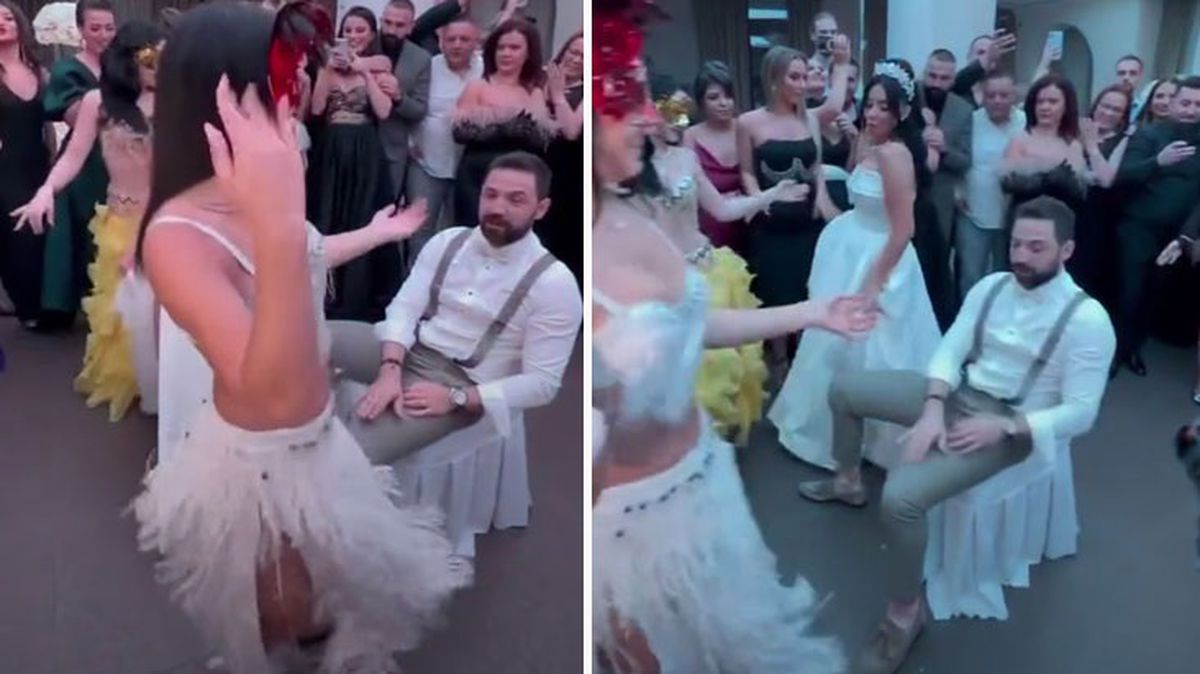 Damat, dansöze kucağına oturması için işaret yaptı, gelin adeta depar attı