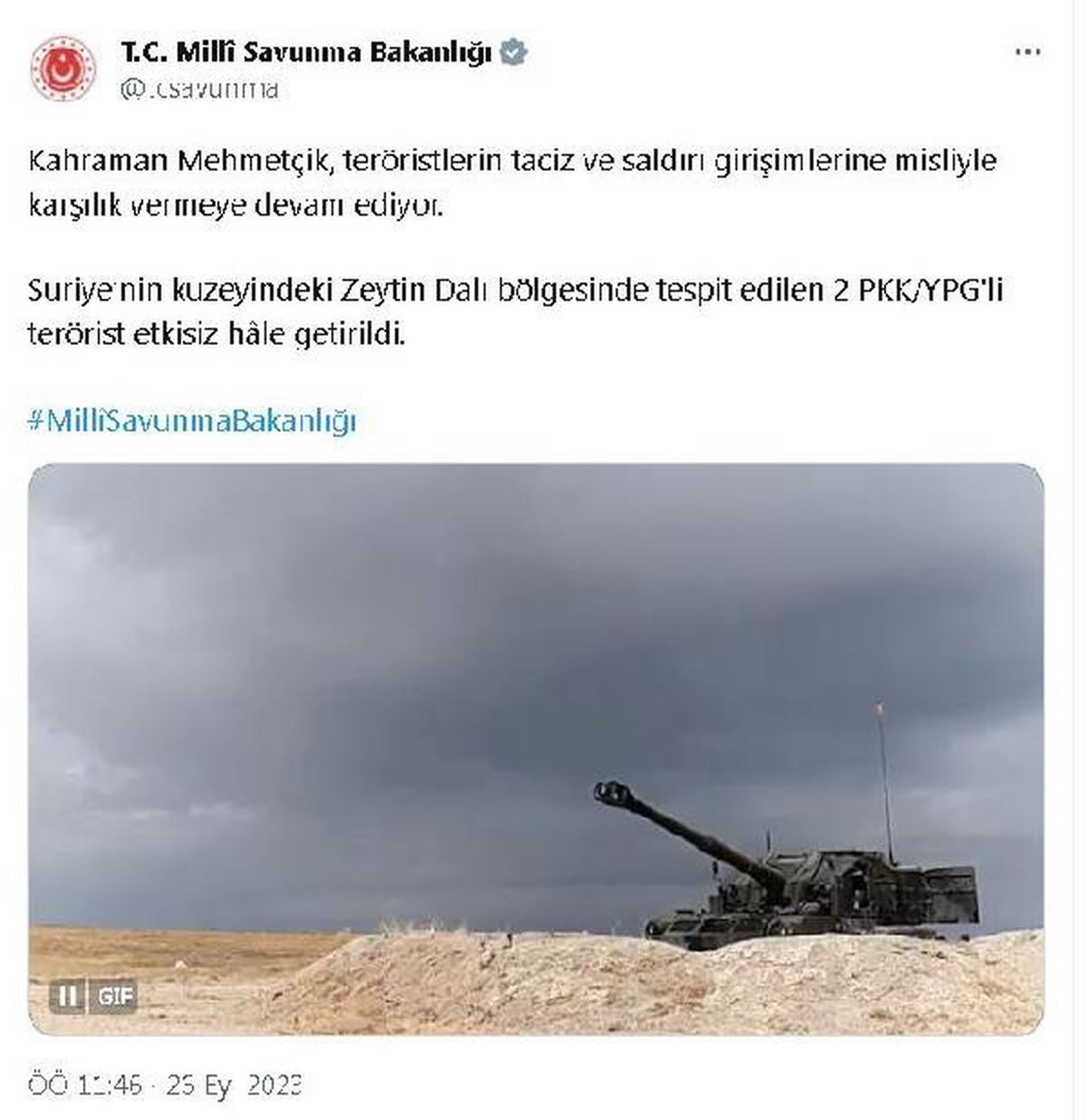 MSB: Suriye'nin kuzeyinde 2 PKK/YPG'li terörist etkisiz hale getirildi