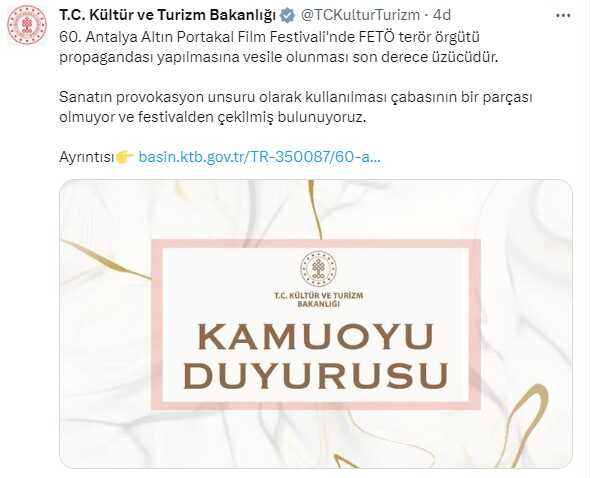 Kültür Turizm Bakanlığı, Kanun Hükmü belgeselini yayınlama kararı alan Antalya Film Festivali'nden çekildi