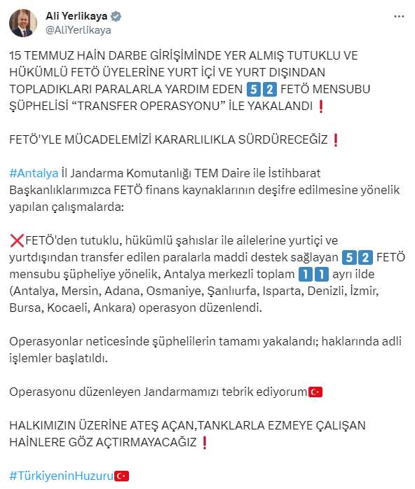 Bakan Yerlikaya duyurdu: 52 FETÖ mensubu 'Transfer Operasyonu' ile yakalandı