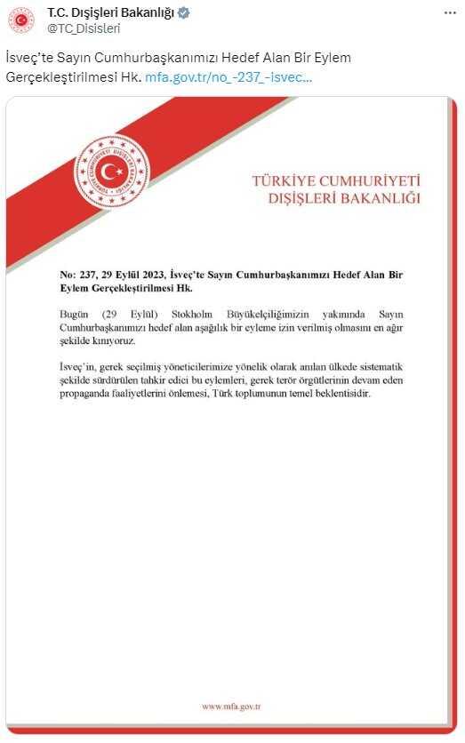 İsveç'te Cumhurbaşkanı Erdoğan'ın maketinin yakılmasına Dışişleri'nden sert tepki: Aşağılık eyleme izin verilmesini en ağır şekilde kınıyoruz İsveç'te Cumhurbaşkanı Erdoğan'ın maketinin yakılmasına Dışişleri'nden sert tepki: Aşağılık eyleme izin verilmesini en ağır şekilde kınıyoruz