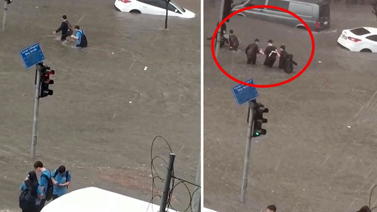 İstanbul'da araçların yüzdüğü yolda ölüme meydan okuyan öğrenciler anbean kamerada