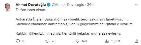 Ankara'da bakanlığa düzenlenen bombalı saldırı girişimi sonrası siyasilerden art arda mesajlar geldi