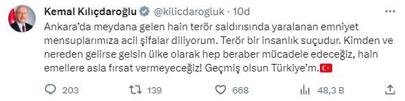 Ankara'da bakanlığa düzenlenen bombalı saldırı girişimi sonrası siyasilerden art arda mesajlar geldi