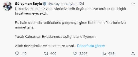 Süleyman Soylu'dan bombalı saldırı girişimiyle ilgili açıklama: Allah devletimize ve milletimize zeval vermesin Süleyman Soylu'dan bombalı saldırı girişimiyle ilgili açıklama: Allah devletimize ve milletimize zeval vermesin