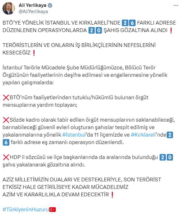 Son Dakika: İstanbul ve Kırklareli'de HDP il sözcüsü ve ilçe başkanları dahil 20 kişi gözaltına alındı