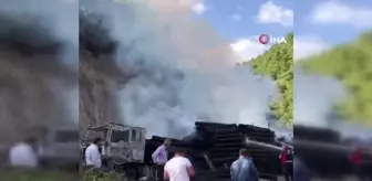 Tomruk yüklü tır alevlere teslim oldu