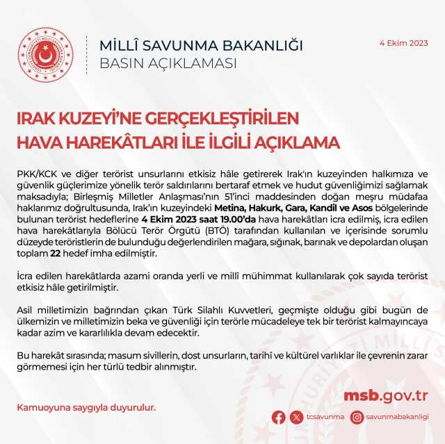 Son Dakika: Irak'ın kuzeyine düzenlenen hava harekatında, 22 hedef imha edildi, çok sayıda terörist etkisiz hale getirildi