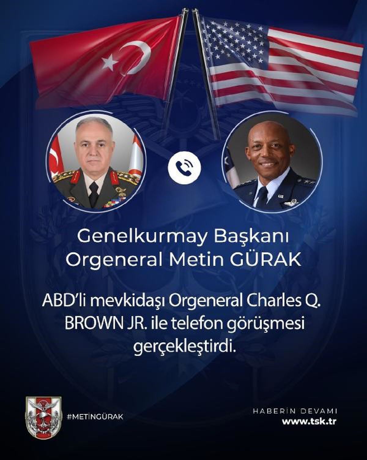 Genelkurmay Başkanı Orgeneral Gürak, ABD'li mevkidaşı Brown Jr ile güncel gelişmeleri ele aldı