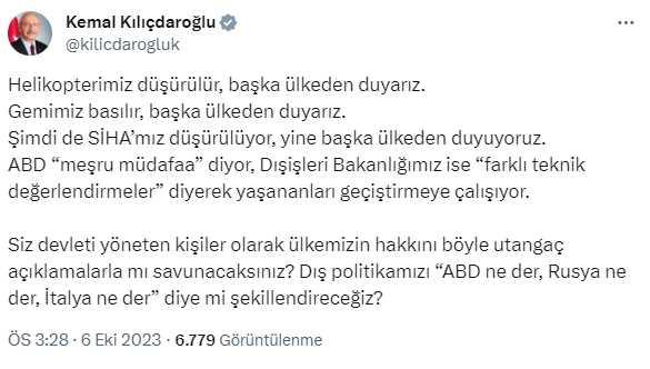 Kılıçdaroğlu'ndan, Dışişleri'nin ABD'nin düşürdüğü SİHA ile ilgili açıklamasına tepki