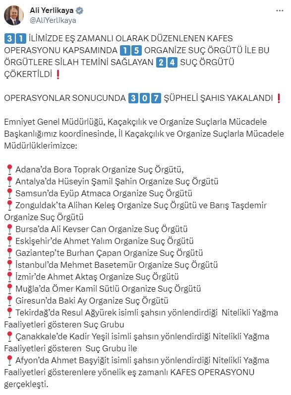 Son Dakika: 31 ildeki 39 suç örgütüne yönelik düzenlenen 'Kafes Operasyonu'nda 307 kişi gözaltında Son Dakika: 31 ildeki 39 suç örgütüne yönelik düzenlenen 'Kafes Operasyonu'nda 307 kişi gözaltında