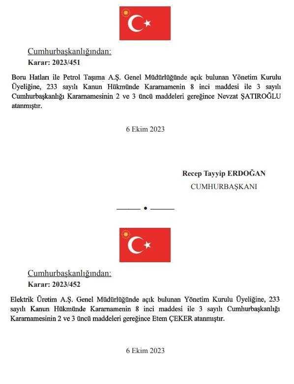Cumhurbaşkanı Erdoğan'ın imzasıyla yeni atama kararları Resmi Gazete'de yayınlandı Cumhurbaşkanı Erdoğan'ın imzasıyla yeni atama kararları Resmi Gazete'de yayınlandı