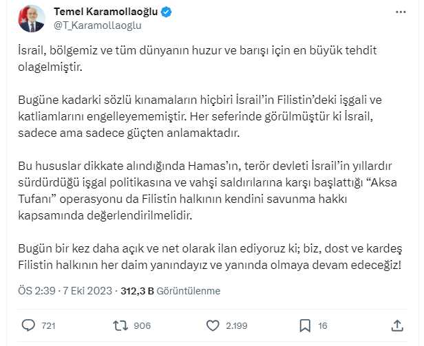 Hamas'ın başlattığı Aksu Tufanı operasyonuna Yeniden Refah, Saadet ve HÜDA PAR liderlerinden destek