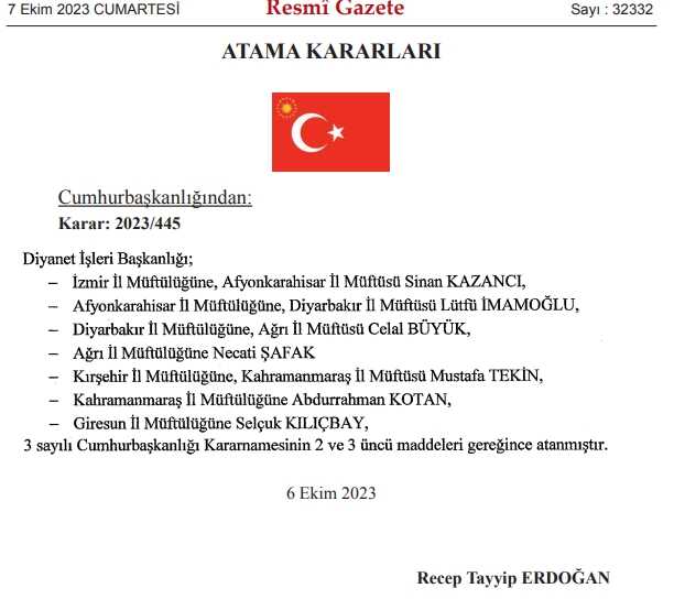 Müftüler kararnamesi yayılandı! İzmir, Afyon, Diyarbakır, Ağrı, Kırşehir, Kahramanmaraş, Giresun il müftüsü kim oldu?