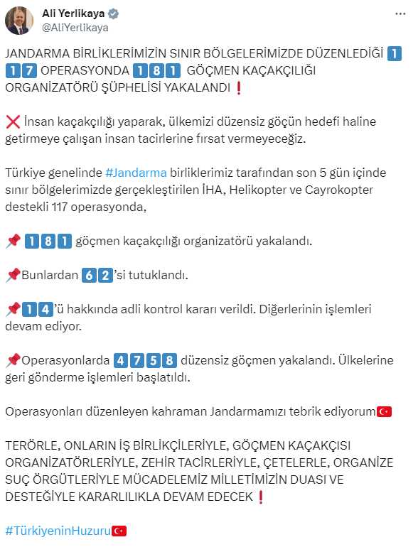 İçişleri Bakanı Yerlikaya: Jandarma operasyonlarında 181 göçmen kaçakçılığı organizatörü yakalandı