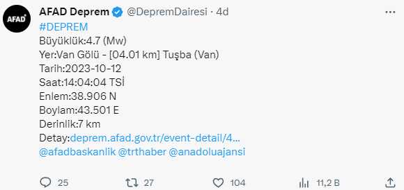 Son Dakika! Van'da 4.7 büyüklüğünde deprem Son Dakika! Van'da 4.7 büyüklüğünde deprem