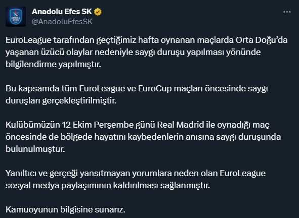 Anadolu Efes'ten 'saygı duruşu' açıklaması: Paylaşımın kaldırılması sağlanmıştır
